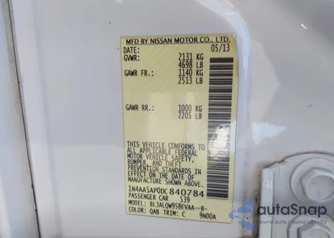 2013 Nissan Maxima 3.5 S z USA, uszkodzony, nr VIN 1N4AA5AP0DC840784